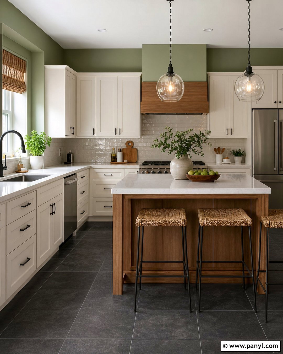 Light Green Kitchen With Dark Charcoal Tile Floors - 20 Light Green Walls Dark Floors