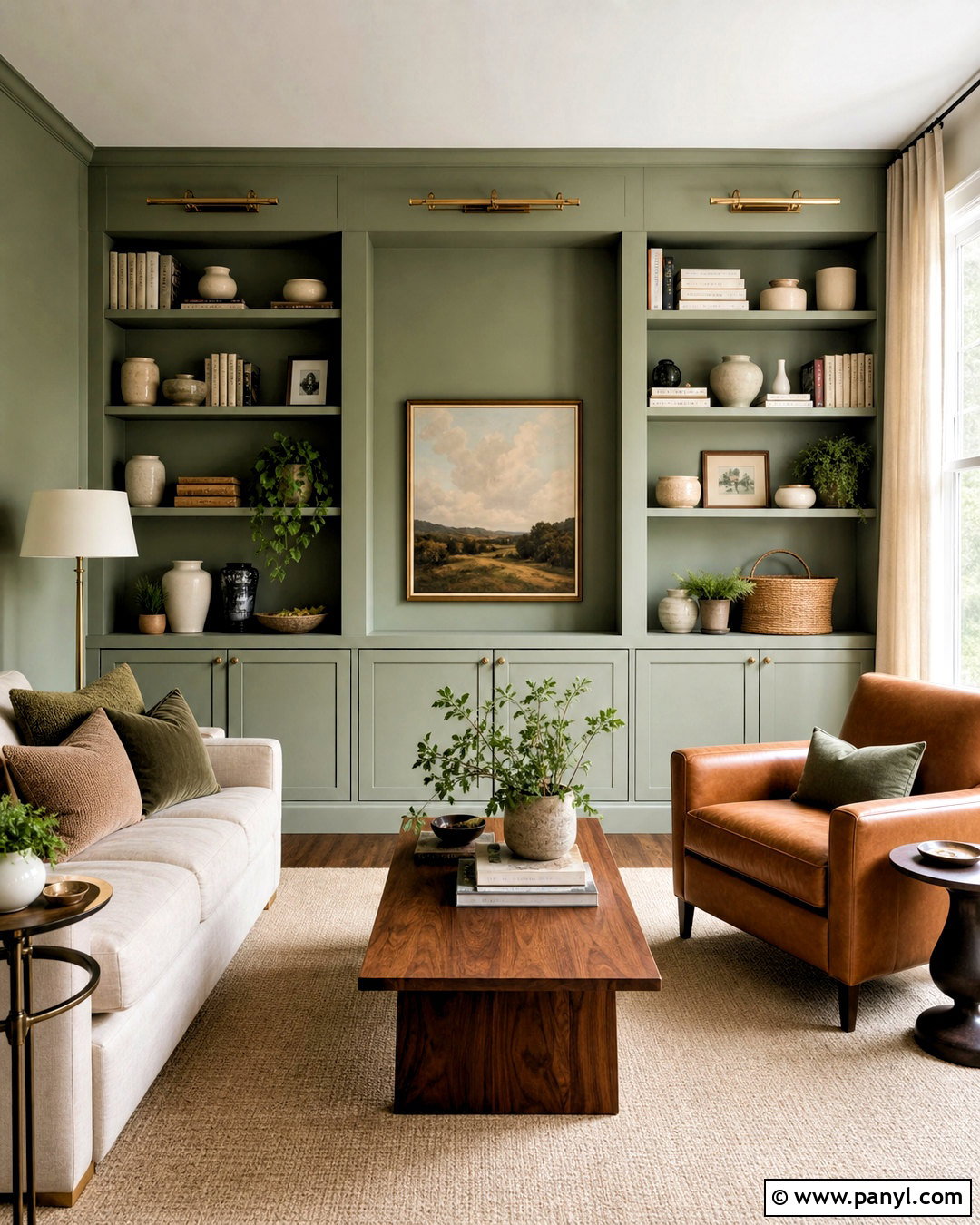 Light Green Living Room Walls With Built-In Shelves - 20 light green living room walls