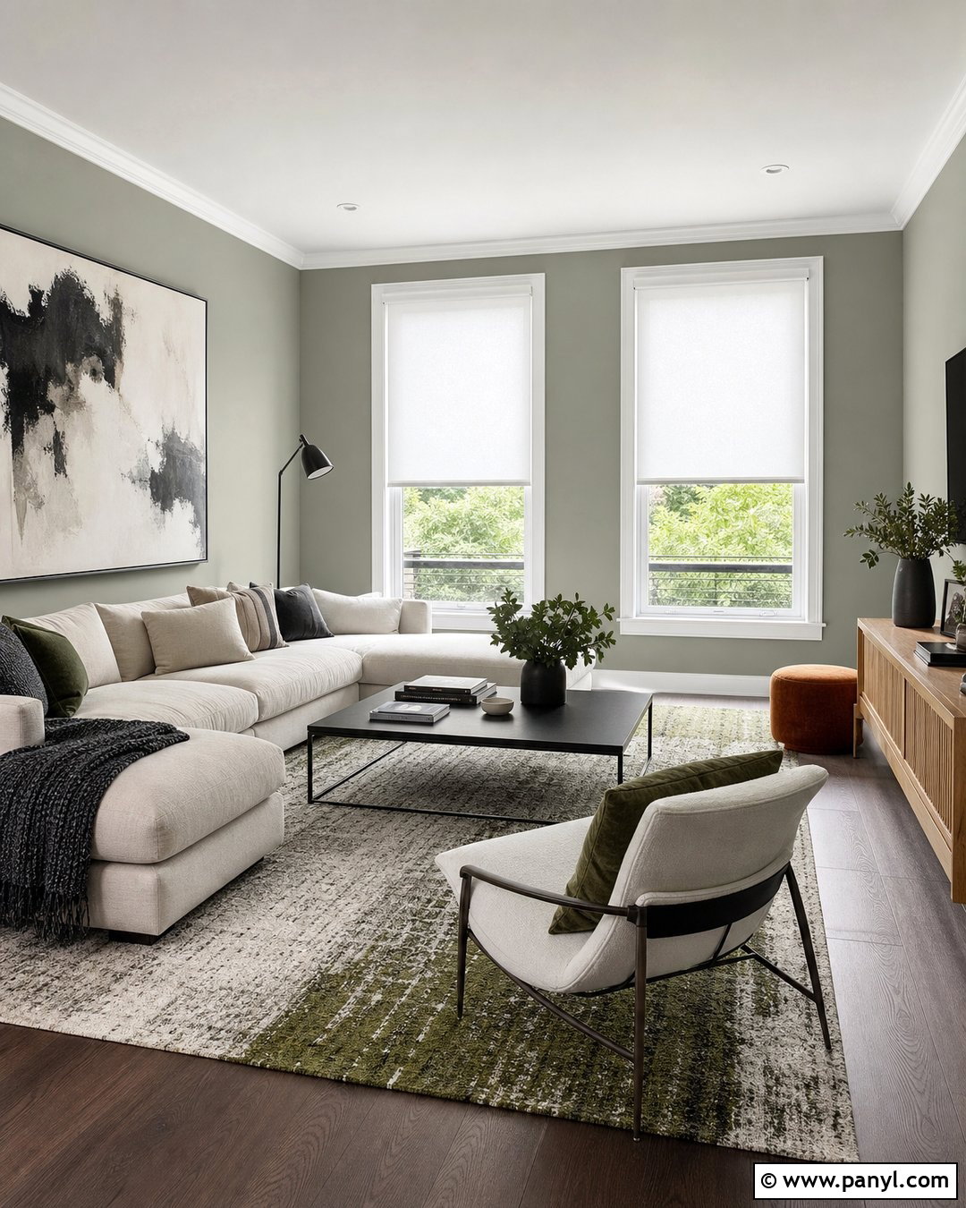 Light Green Modern Living Room With White Trim - 20 Light Green Walls With White Trim Ideas