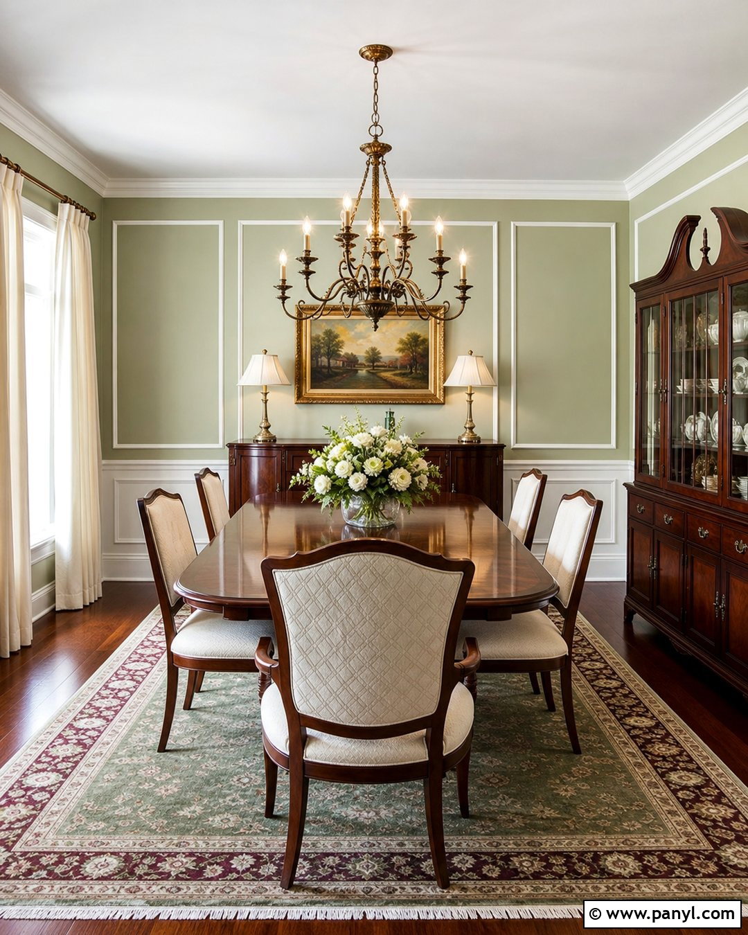 Light Green Traditional Dining Room With White Trim - 20 Light Green Walls With White Trim Ideas
