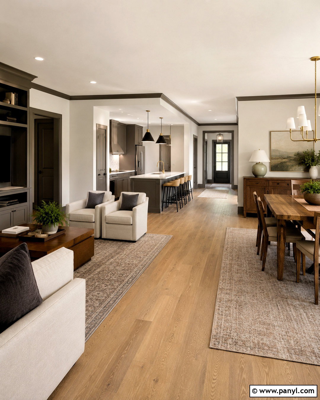 Light Greige Open Plan With Dark Trim - 40 light walls darker trim ideas