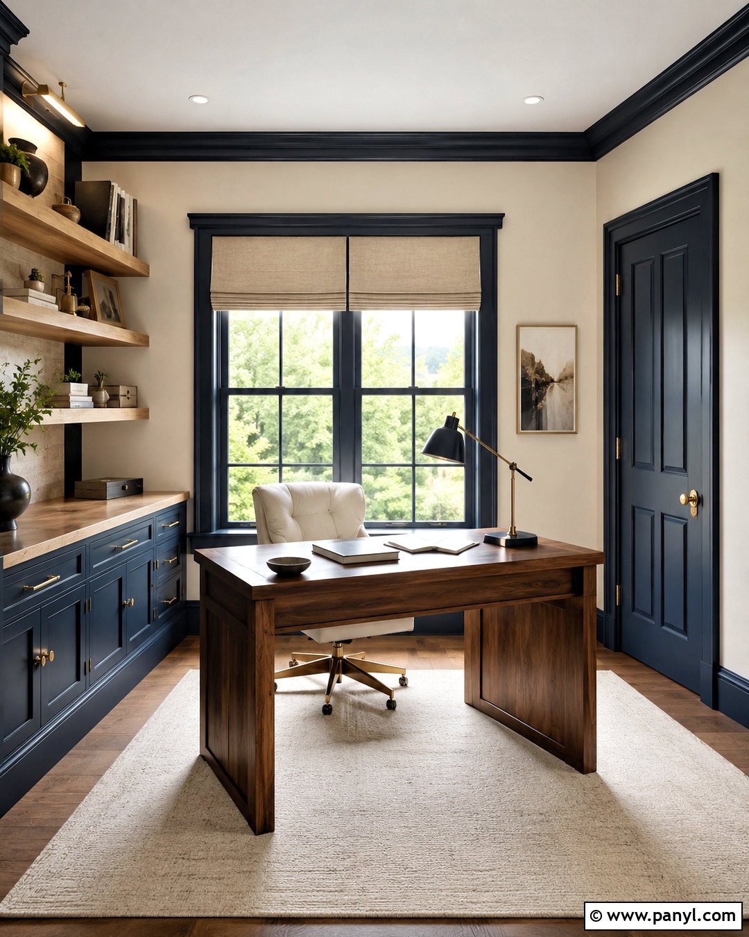 Light Greige Walls With Navy Trim Home Office - 40 Light Walls With Dark Trim Ideas