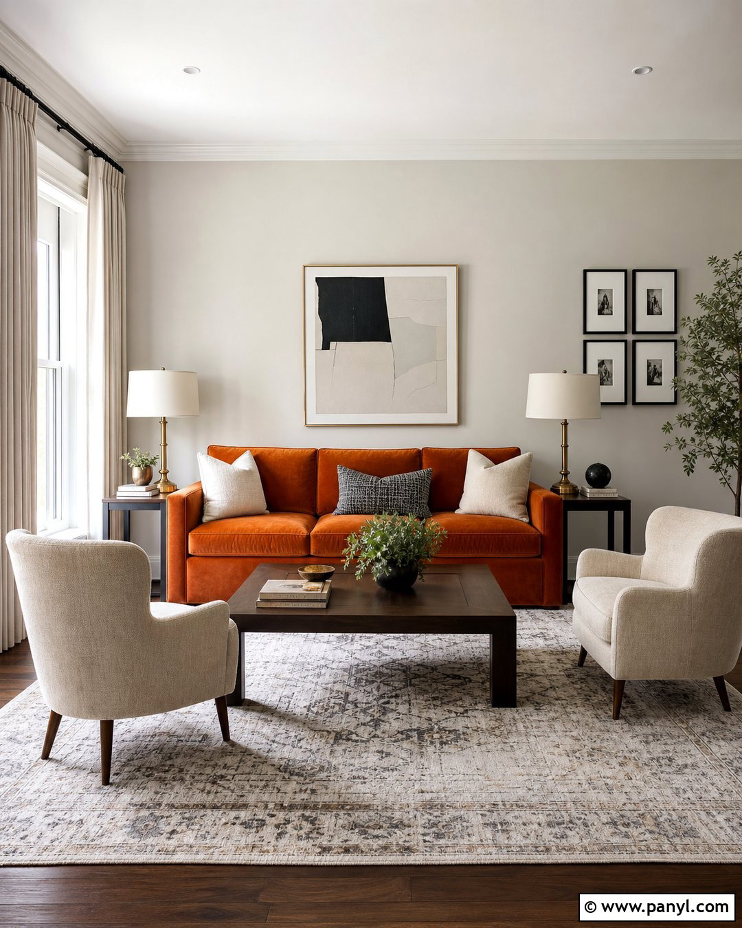 Light Greige Walls With Orange Velvet Sofa - 20 Neutral Wall Color With Orange Furniture Ideas