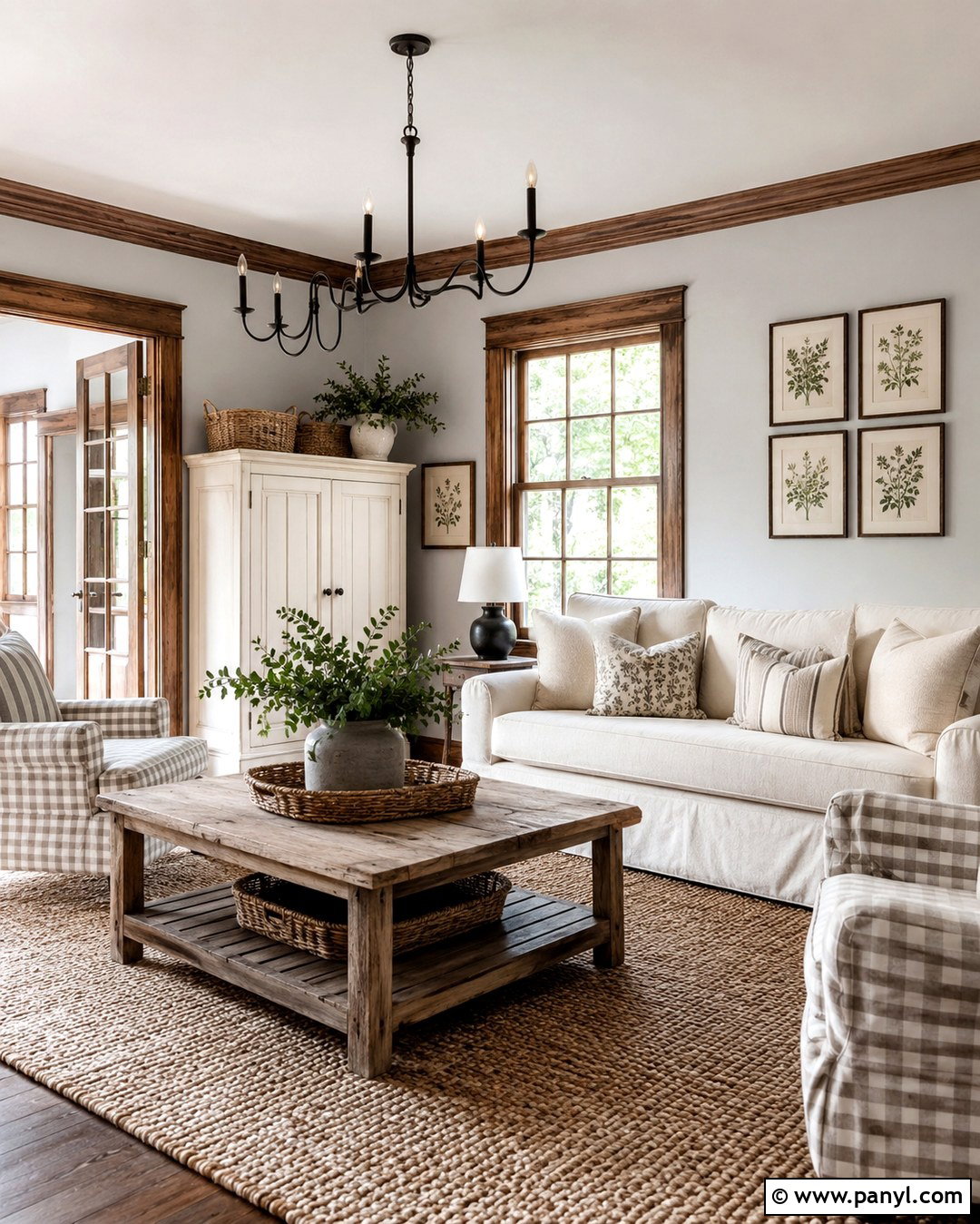 Light Grey Farmhouse Room With Brown Trim - 20 Light Grey Walls With Brown Trim Ideas