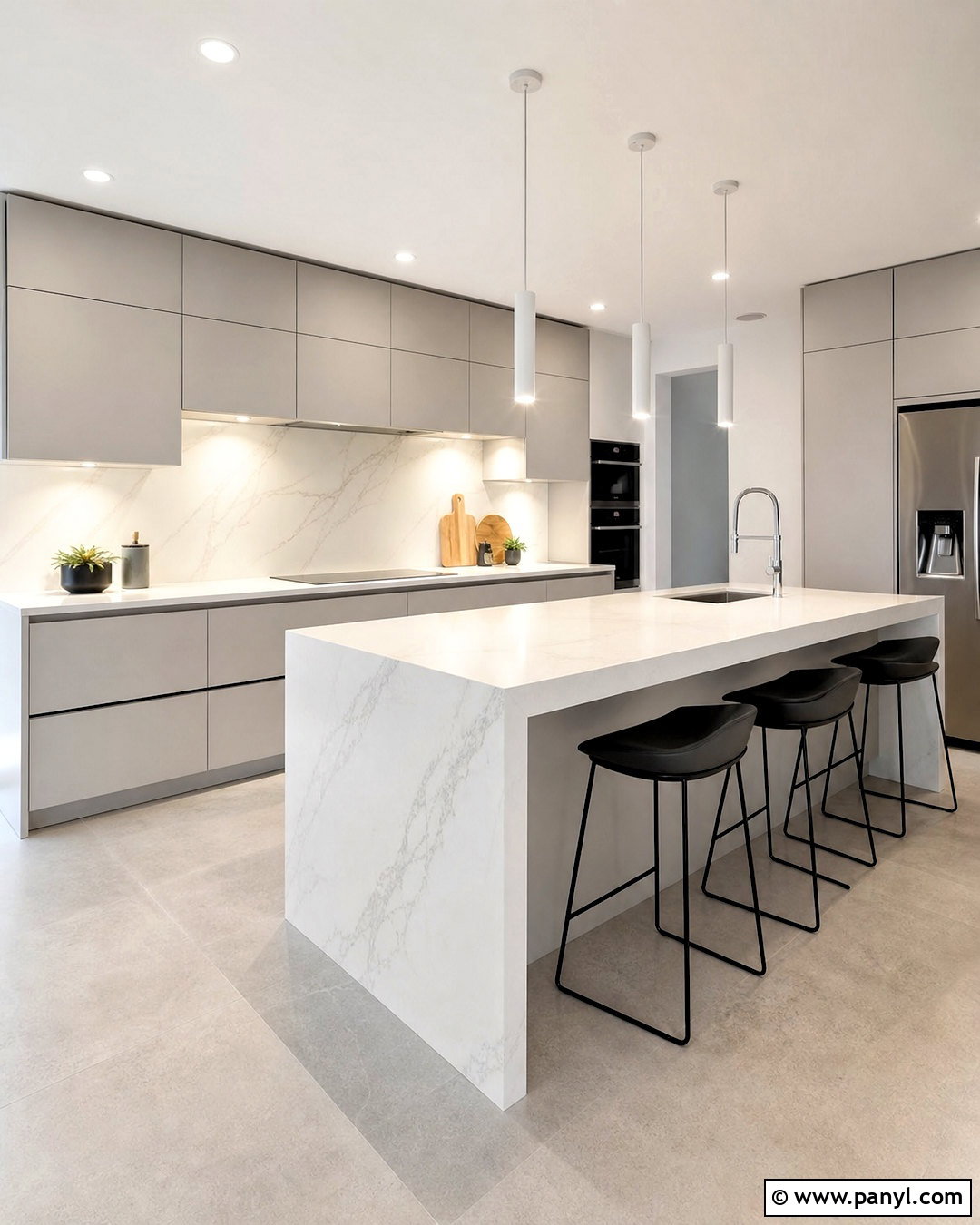 Light Grey Flat-Panel Kitchen With White Waterfall Island - 20 light grey and white kitchen ideas