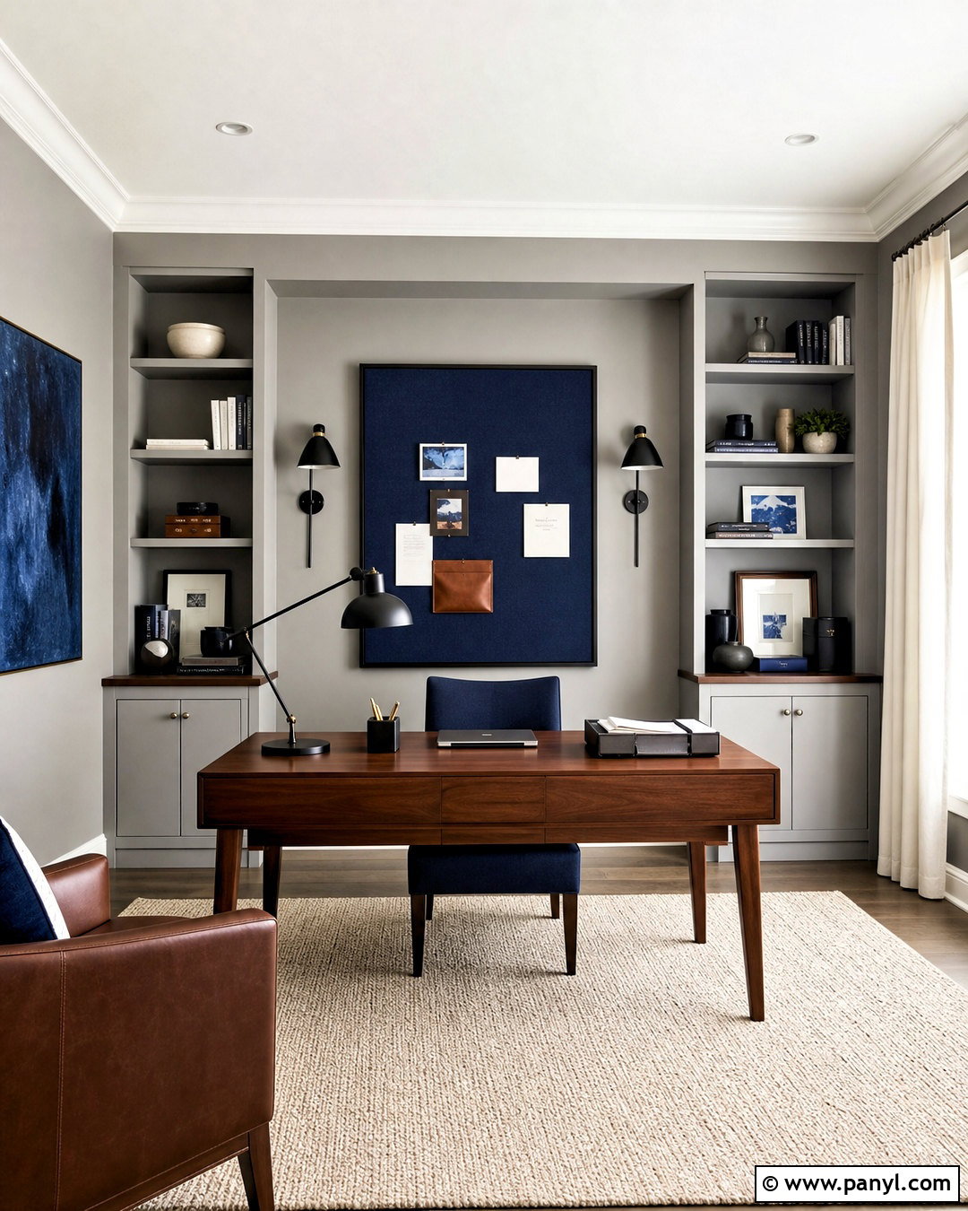 Light Grey Home Office With Navy Accents - 20 light grey interior ideas