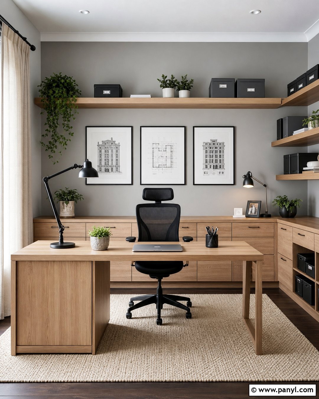 Light Grey Home Office With Oak Shelves - 35 light grey wall paint ideas