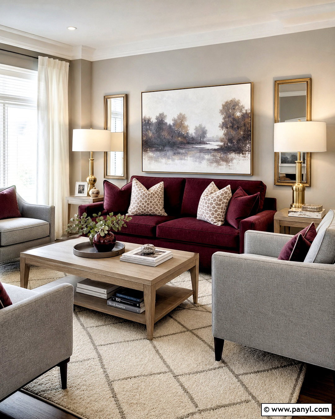 Light Grey Living Room With Burgundy Sofa - 20 grey and burgundy living room ideas