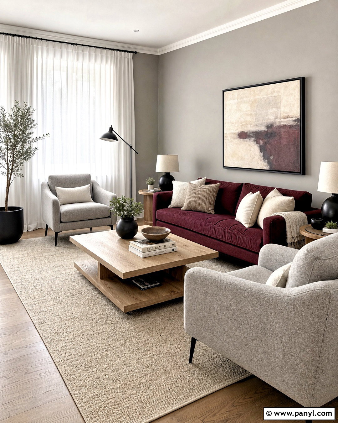 Light Grey Living Room With Maroon Sofa - 20 grey and maroon living room ideas