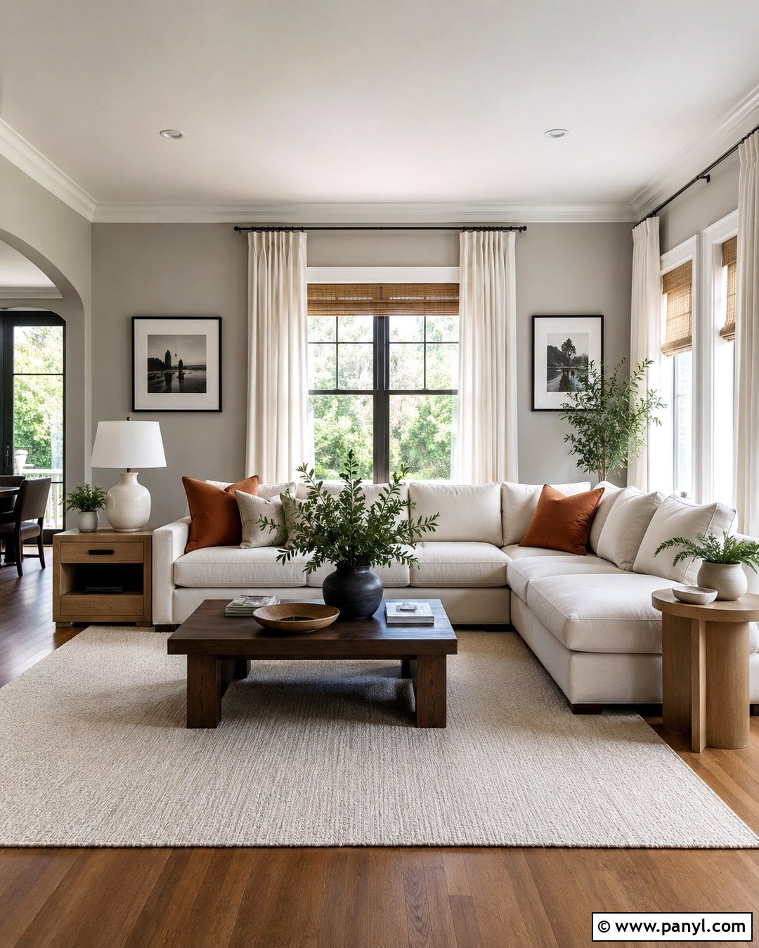 Light Grey Living Room With Warm Wood - 20 Grey Wall White Trim Living Room Ideas
