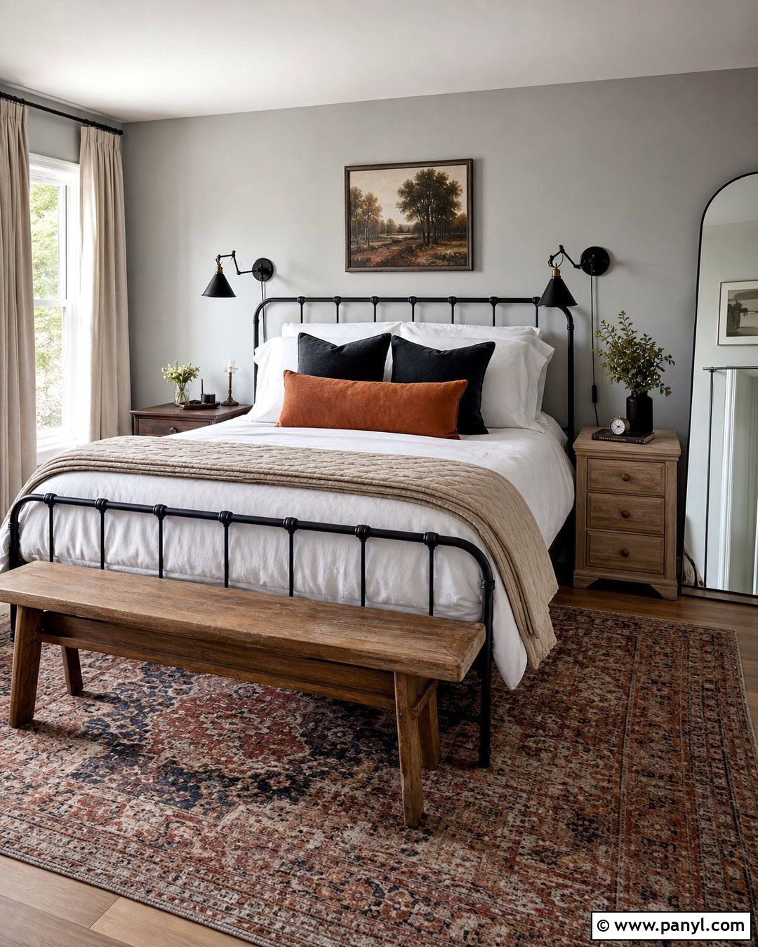 Light Grey Wall Bedroom With Black Metal Bed - 20 Light Grey Wall Room Ideas