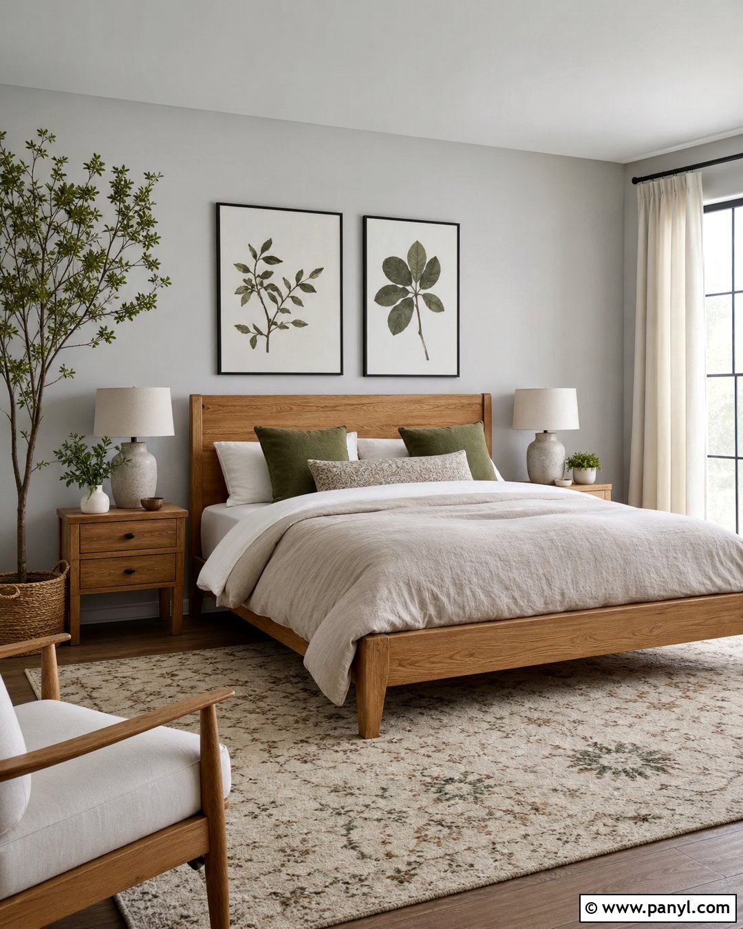 Light Grey Wall Bedroom With Warm Wood Furniture - 20 Light Grey Wall Room Ideas
