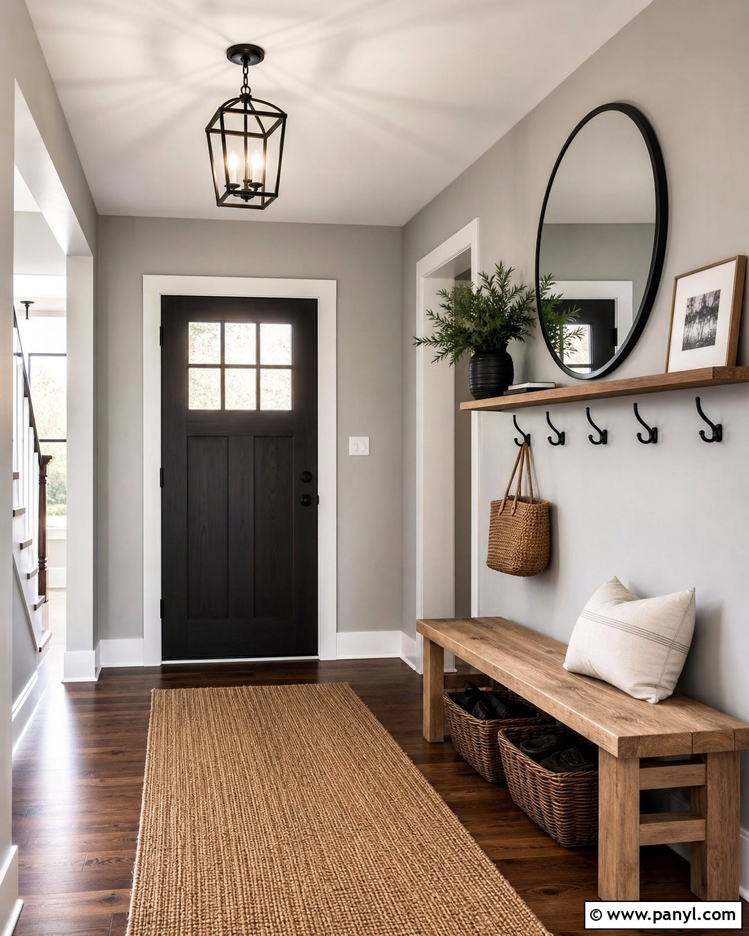 Light Grey Wall Entryway With Wood Bench - 20 Light Grey Wall Room Ideas