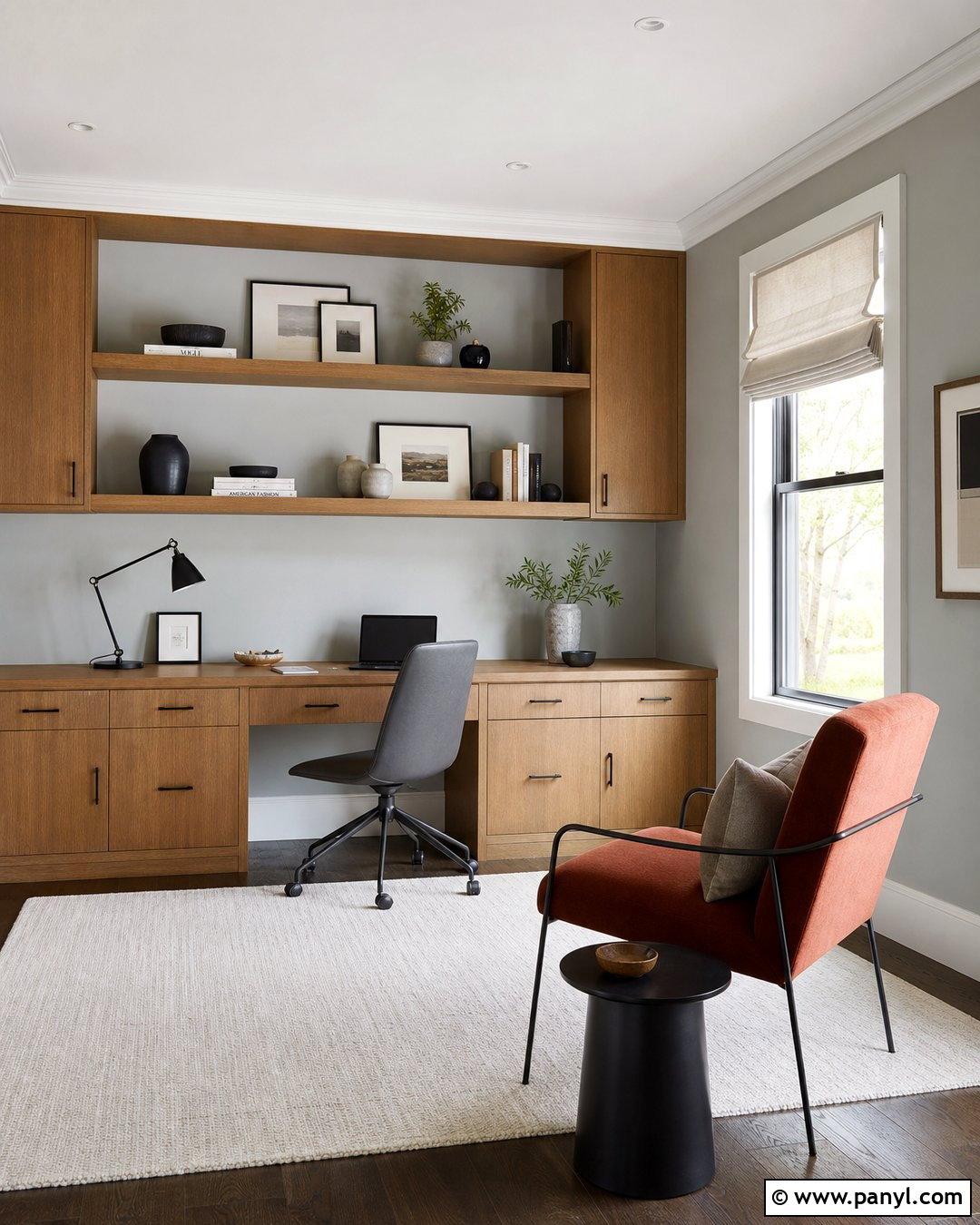Light Grey Wall Home Office With Built-In Desk - 20 Light Grey Wall Room Ideas