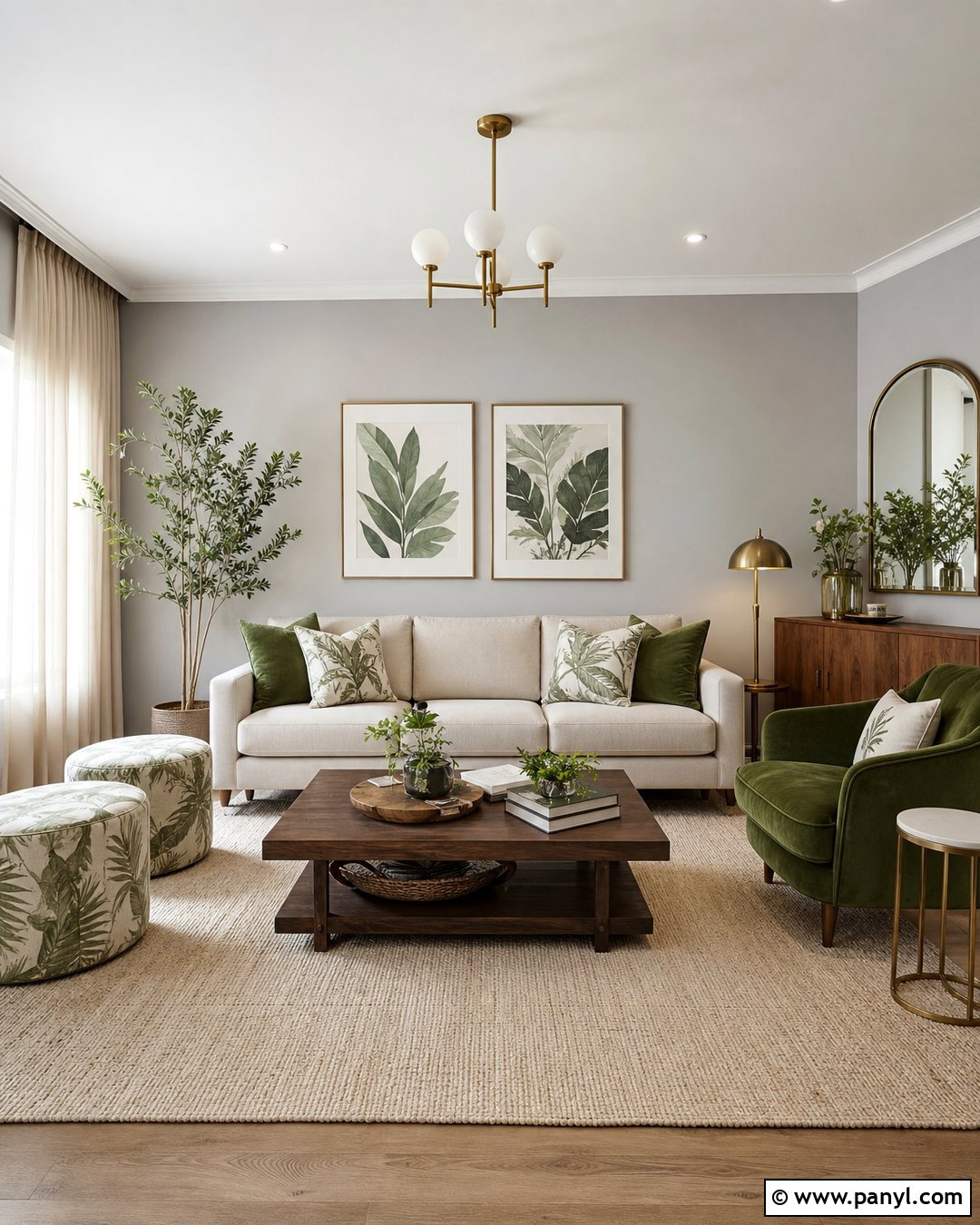 Light Grey Wall Living Room With Green Accents - 20 Light Grey Wall Room Ideas