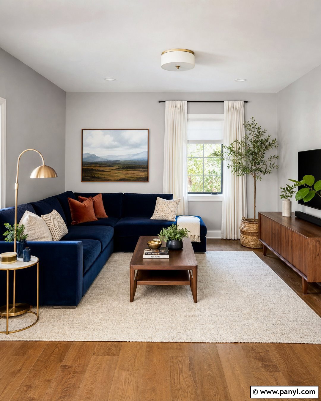 Light Grey Wall Living Room With Navy Sofa - 20 Light Grey Wall Room Ideas
