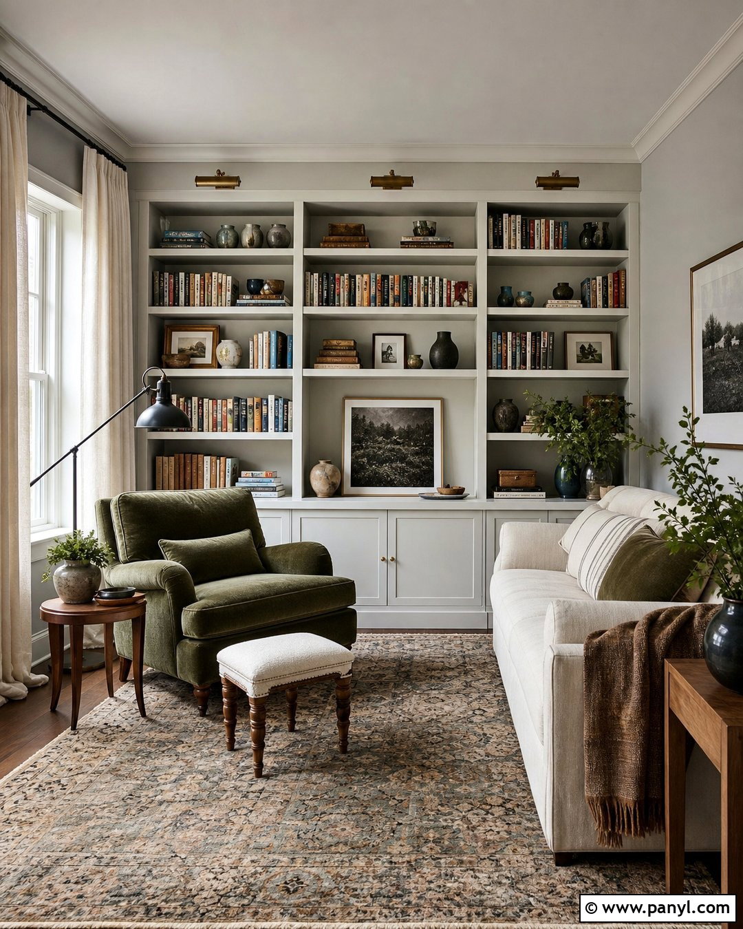 Light Grey Wall Reading Room With Bookshelves - 20 Light Grey Wall Room Ideas