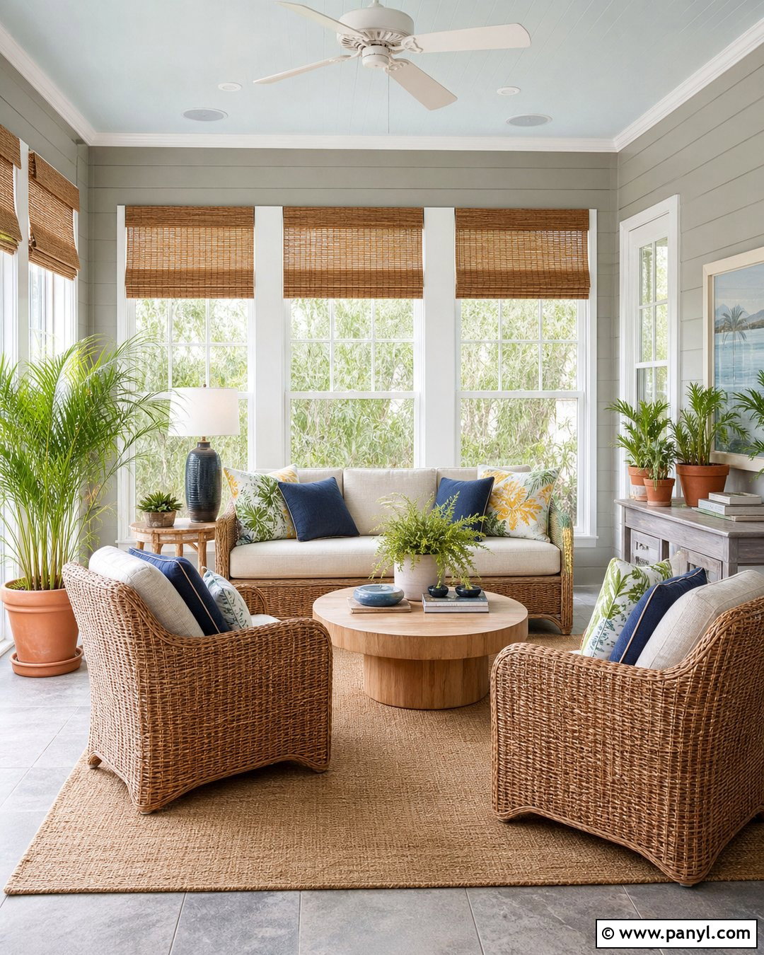 Light Grey Wall Sunroom With Rattan Furniture - 20 Light Grey Wall Room Ideas
