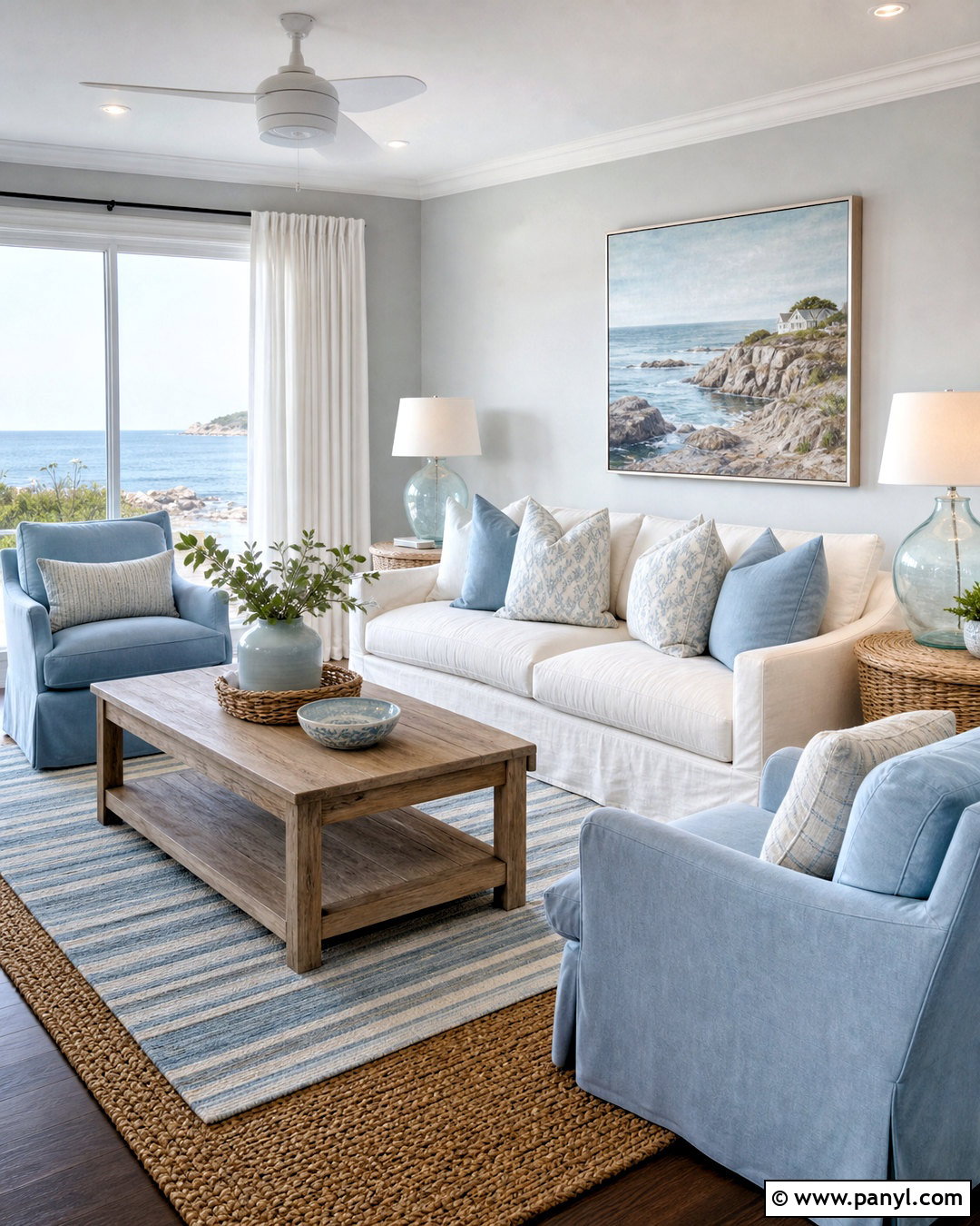Light Grey Walls With Coastal Blue Decor - 20 light grey walls living room ideas