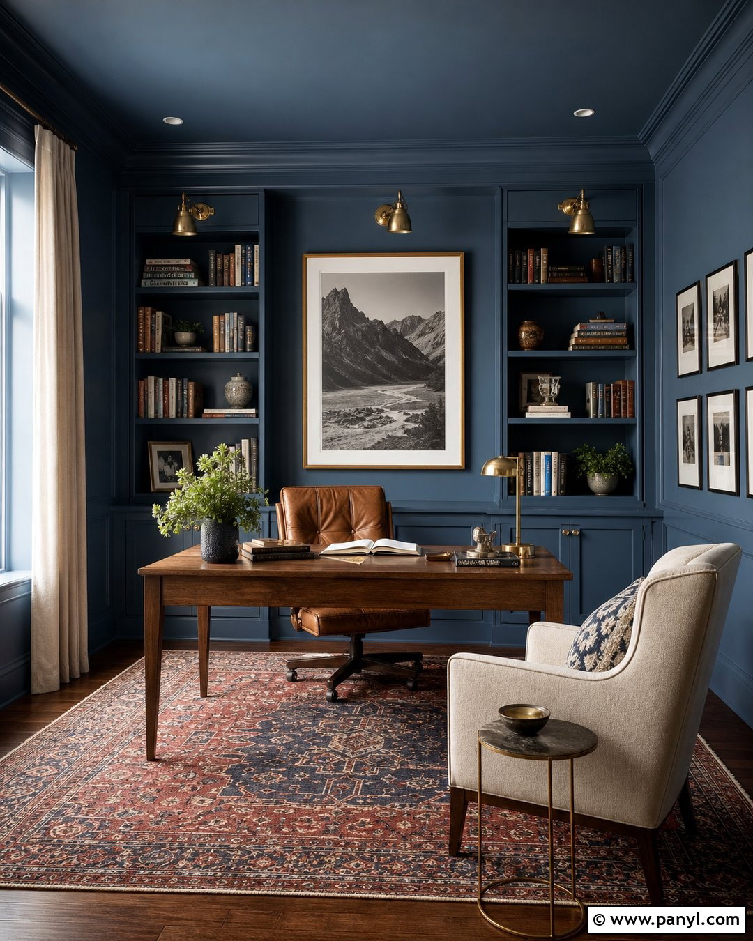 Light Navy Color-Drenched Study - 20 Light Navy Wall Paint Ideas