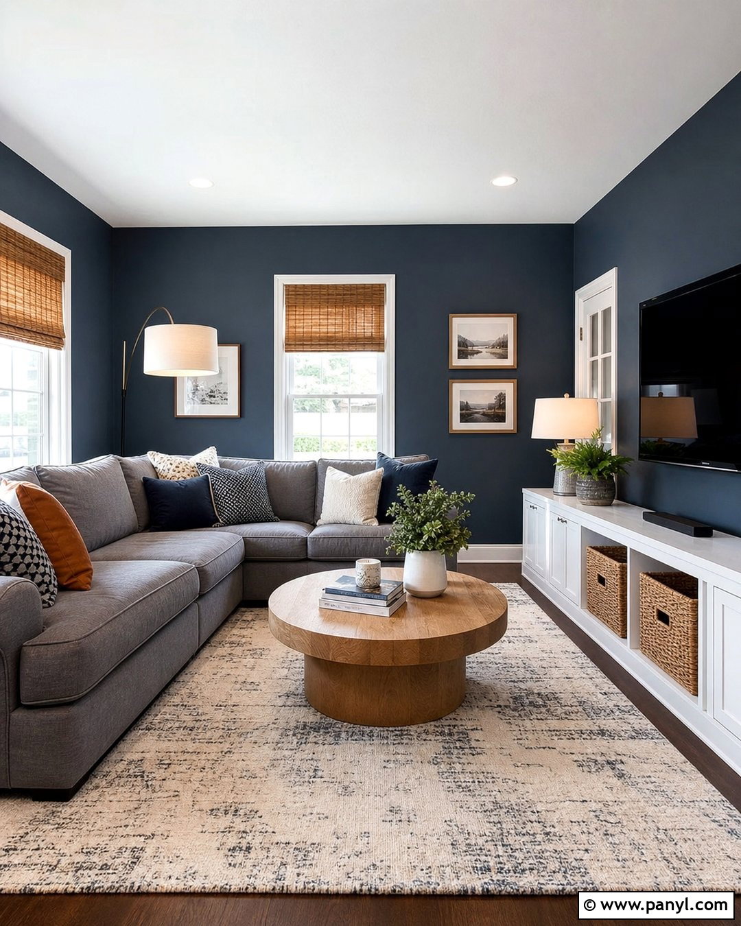 Light Navy Family Room With Gray Sofa - 20 Light Navy Wall Paint Ideas