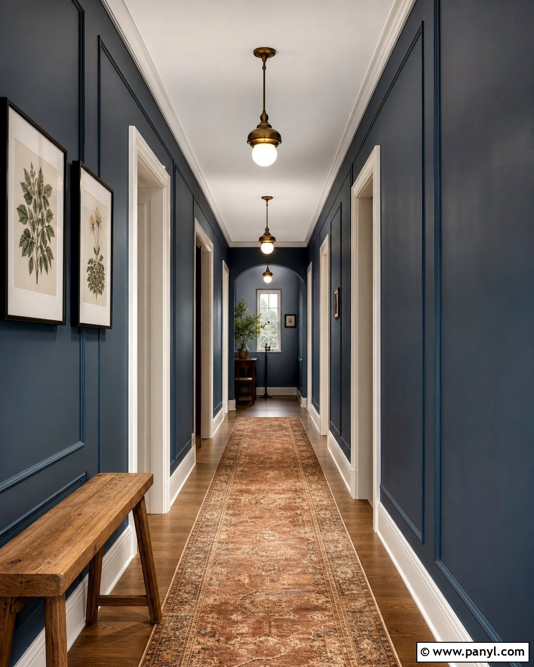 Light Navy Hallway With Picture Frame Molding - 20 Light Navy Wall Paint Ideas