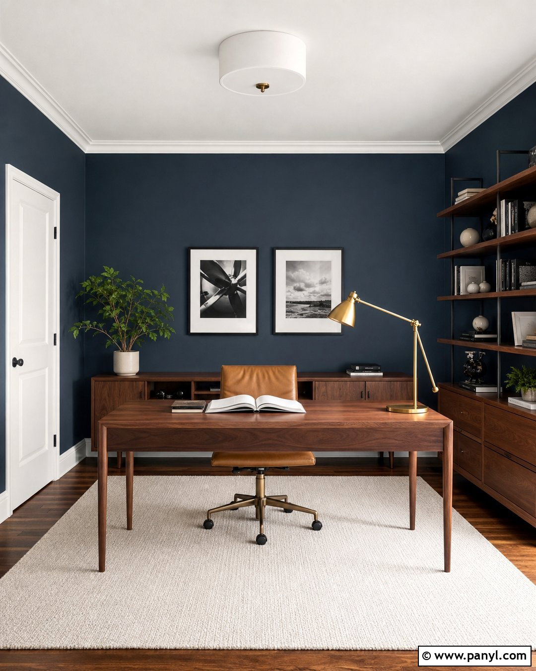 Light Navy Home Office With Walnut Furniture - 20 Light Navy Wall Paint Ideas