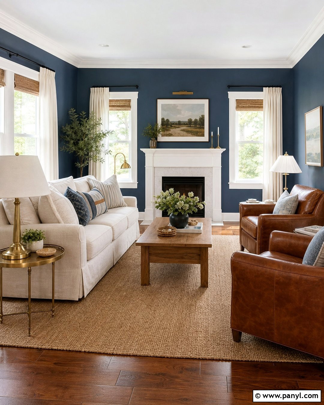 Light Navy Living Room With Warm White Trim - 20 Light Navy Wall Paint Ideas