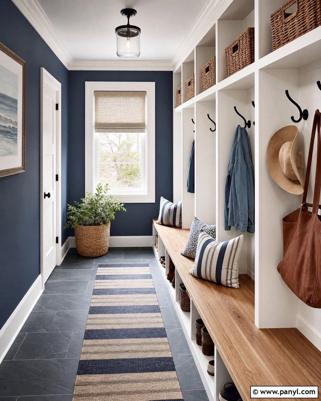 Light Navy Mudroom With Built-In Storage - 20 Light Navy Wall Paint Ideas