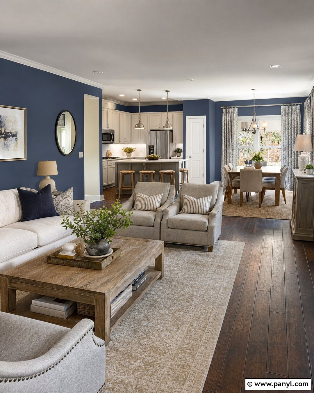 Light Navy Open-Concept Space With Greige - 20 Light Navy Wall Paint Ideas