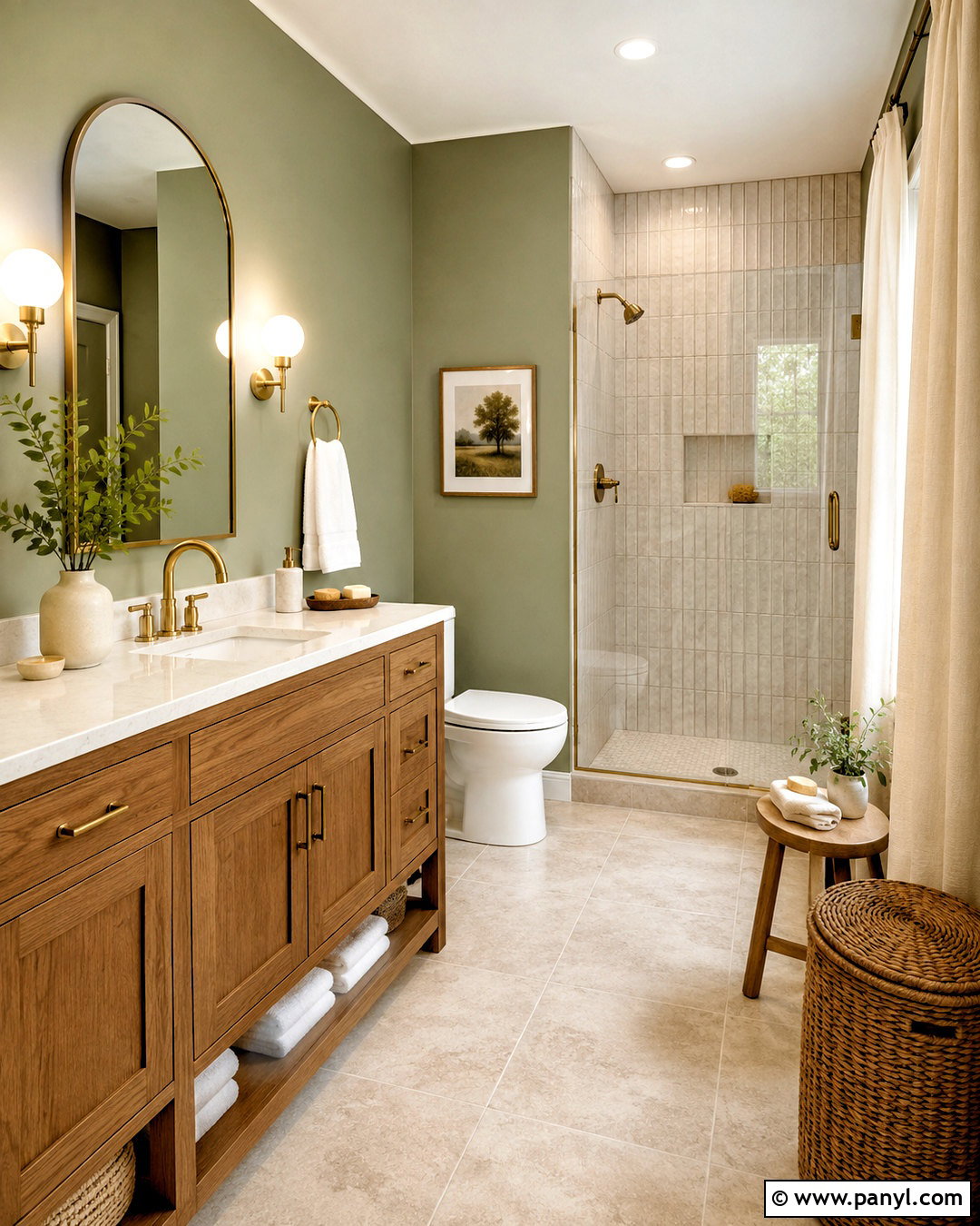 Light Olive Green Bathroom With Wood Vanity - 40 light olive green walls