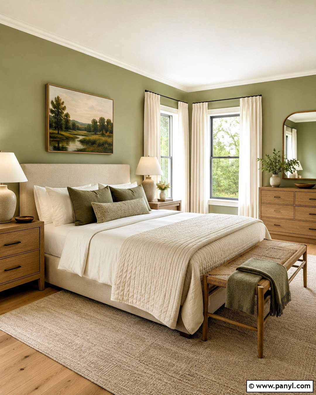 Light Olive Green Bedroom With Cream Bedding - 40 light olive green walls