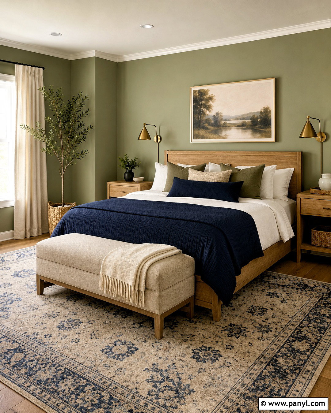 Light Olive Green Bedroom With Navy Bedding - 40 light olive green walls