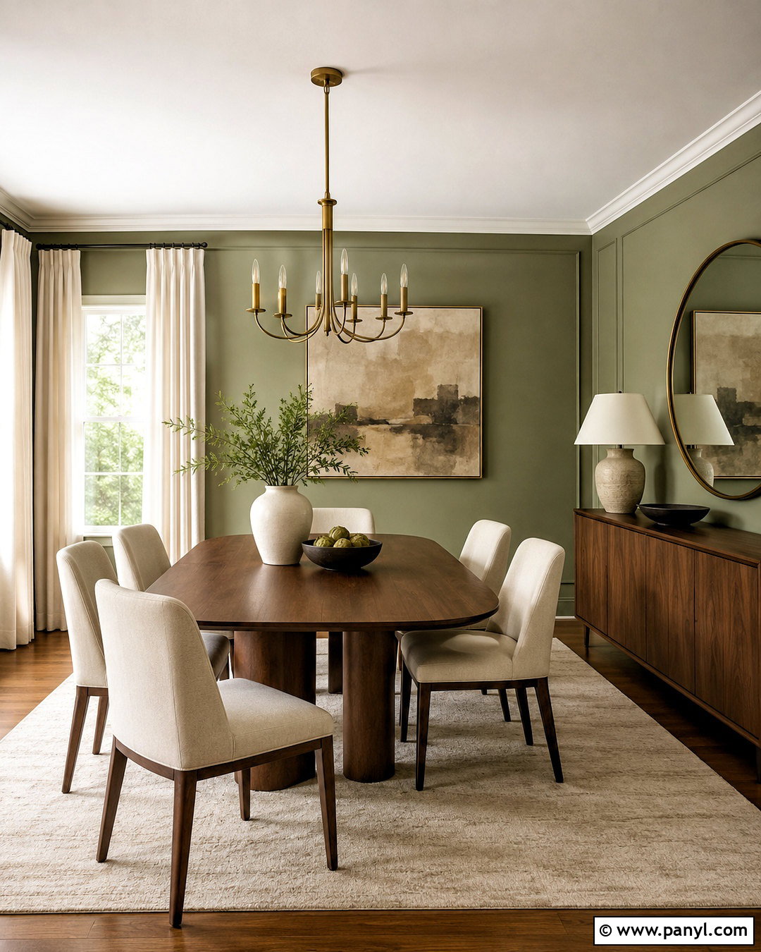 Light Olive Green Dining Room With Walnut Furniture - 40 light olive green walls