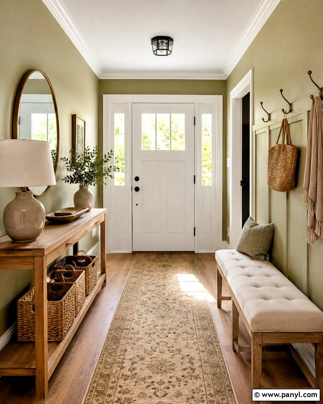 Light Olive Green Entryway With Oak Console - 40 light olive green walls