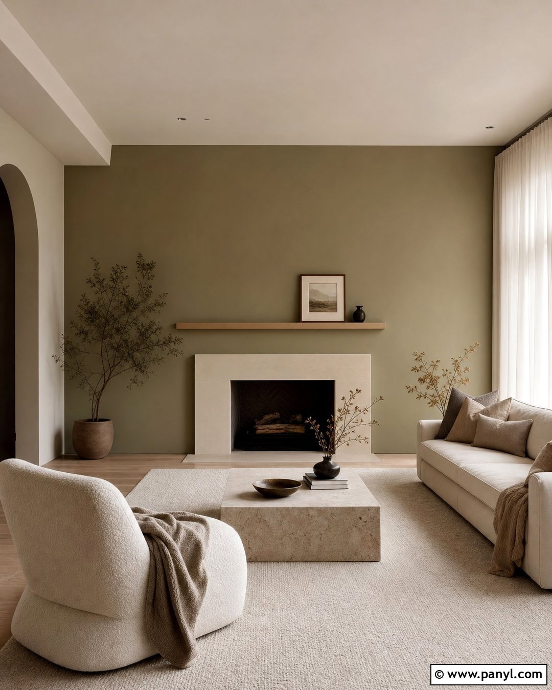 Light Olive Green Fireplace Wall In A Minimalist Living Room - 20 Olive Green Fireplace Wall Ideas