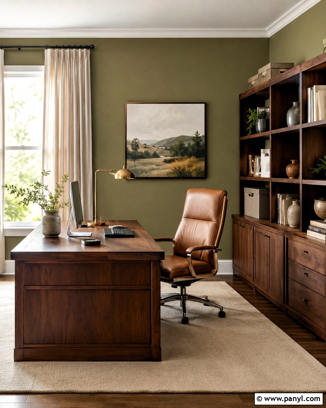 Light Olive Green Home Office With Dark Wood - 40 light olive green walls