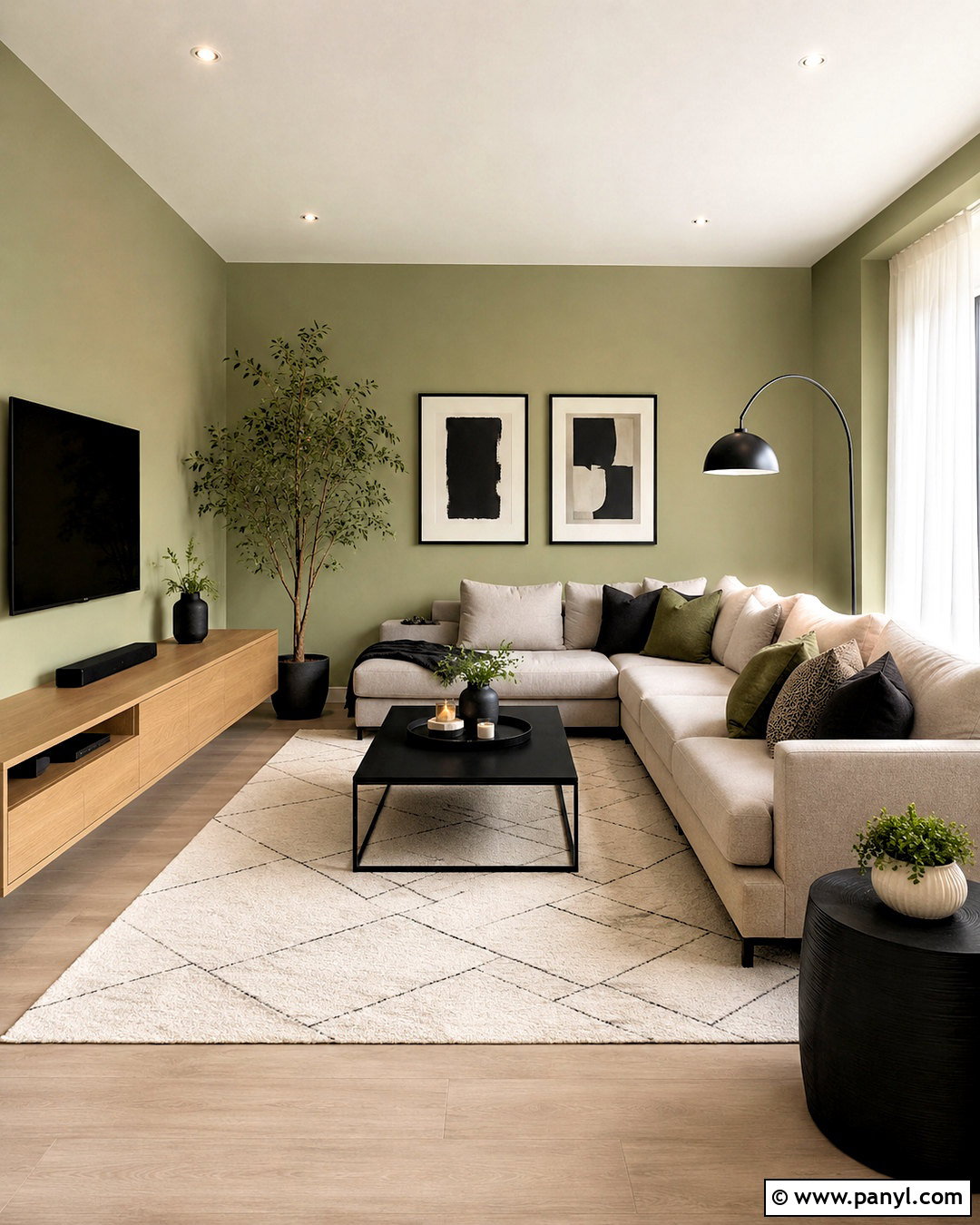 Light Olive Green Living Room With Black Accents - 40 light olive green walls