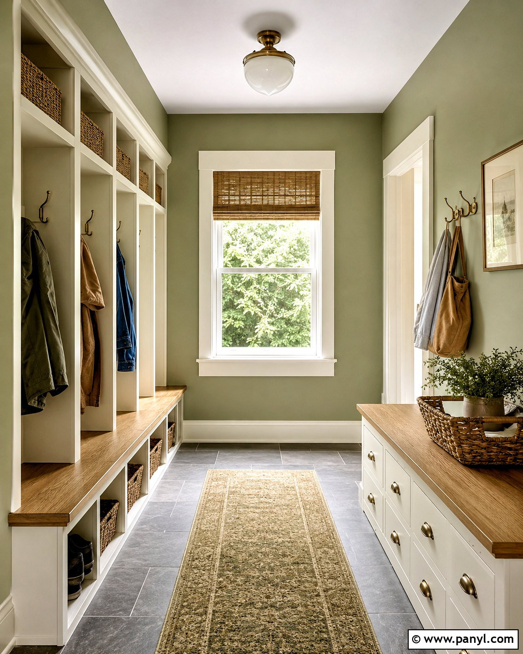 Light Olive Green Mudroom With Built-In Storage - 40 light olive green walls