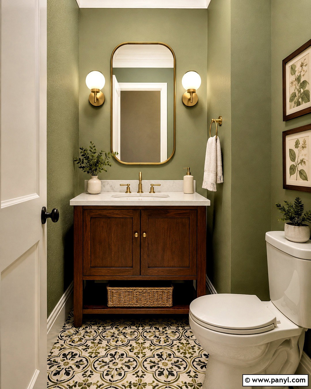 Light Olive Green Powder Room With Patterned Tile - 40 light olive green walls
