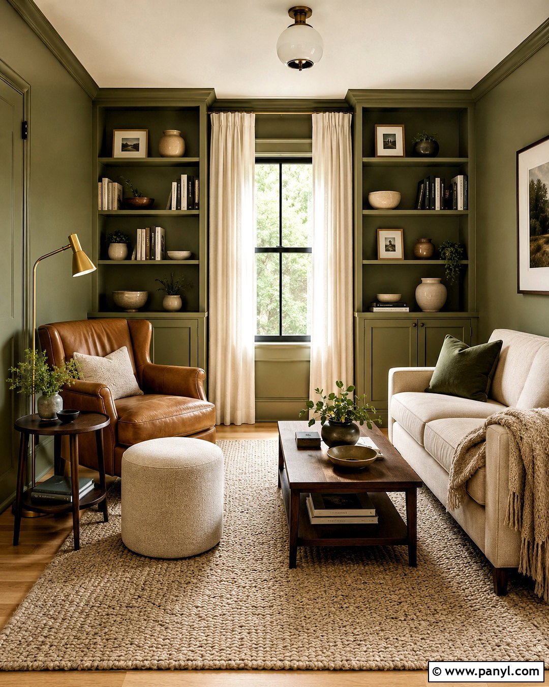 Light Olive Green Reading Room With Built-In Shelves - 40 light olive green walls