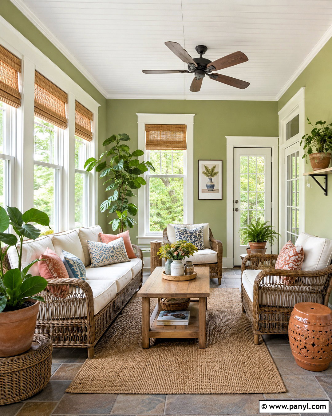 Light Olive Green Sunroom With Wicker Furniture - 40 light olive green walls