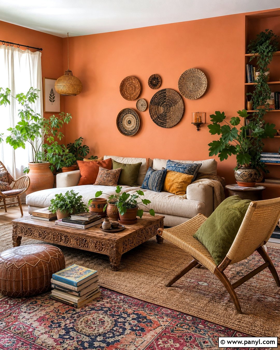 Light Orange Walls In A Boho Living Room - 35 Light Orange Walls