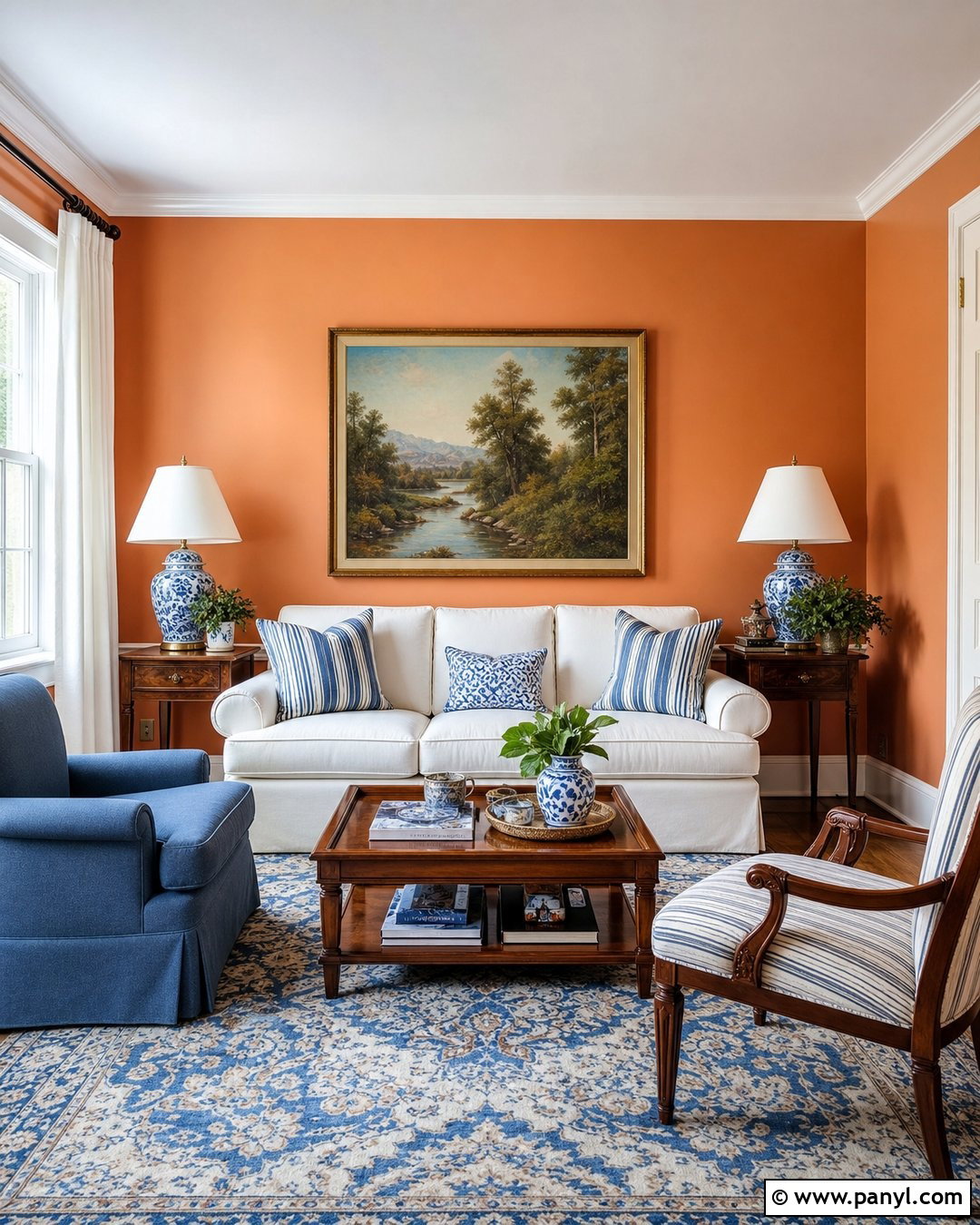 Light Orange Walls With Blue And White Decor - 35 Light Orange Walls