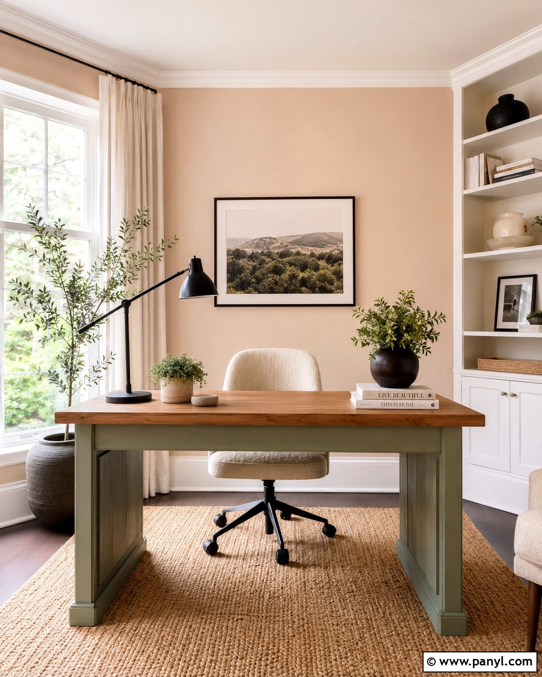 Light Peach Home Office With Sage Green - 20 Light Peach Wall Paint Ideas
