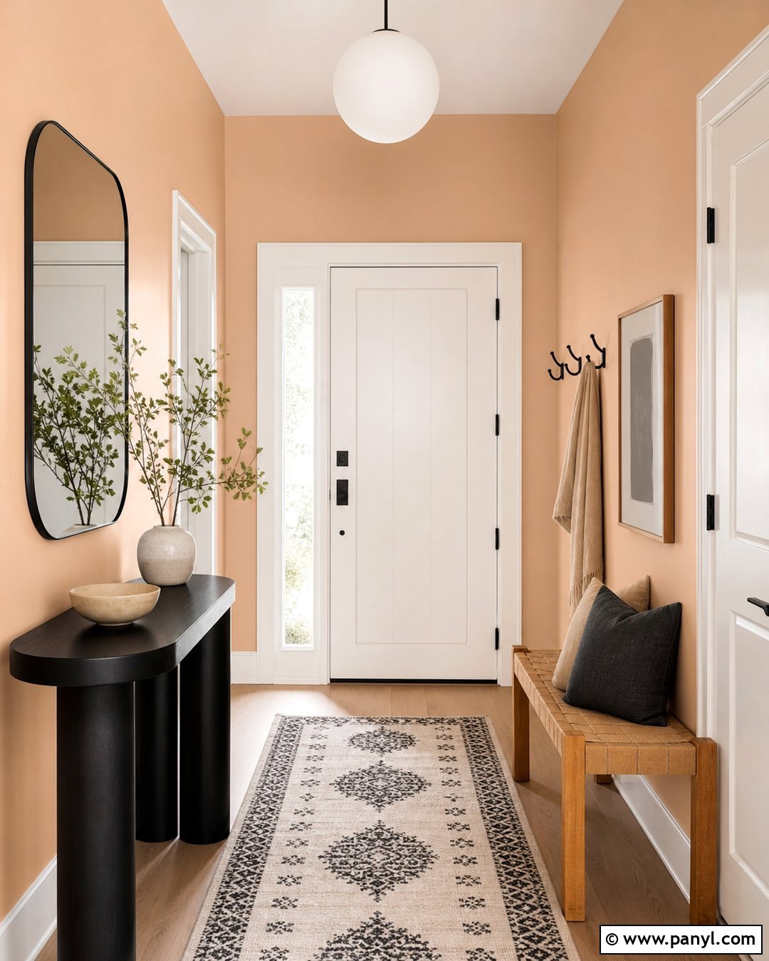 Light Peach Walls In A Black And Oak Entryway - 35 Light Peach Wall Color Ideas