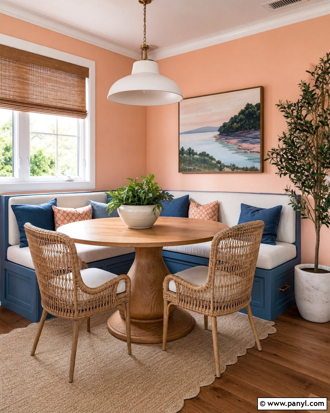 Light Peach Walls In A Blue Breakfast Nook - 35 Light Peach Wall Color Ideas