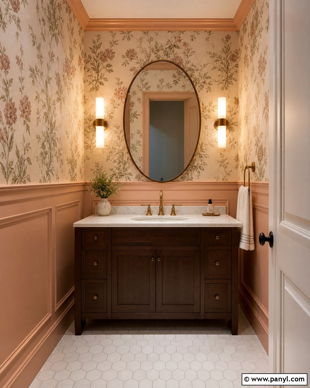 Light Peach Walls In A Floral Powder Room - 35 Light Peach Wall Color Ideas