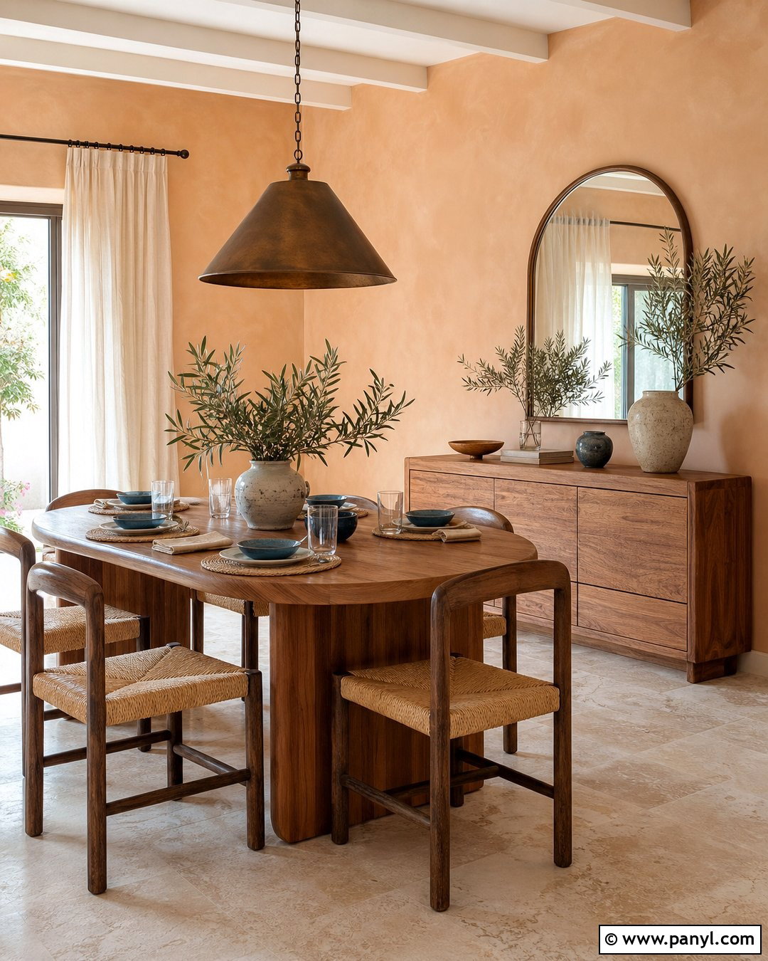 Light Peach Walls In A Mediterranean Dining Room - 35 Light Peach Wall Color Ideas