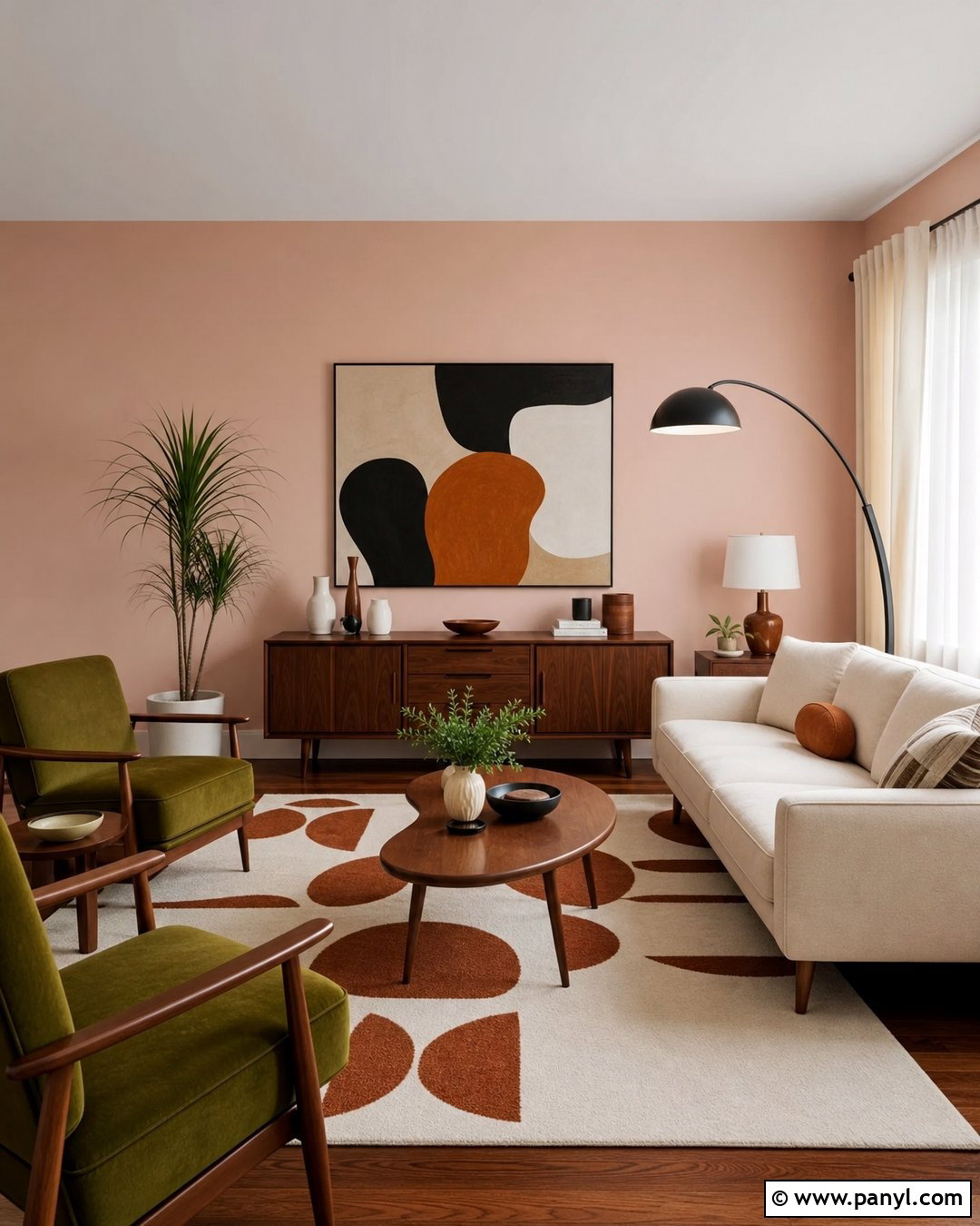Light Peach Walls In A Midcentury Living Room - 35 Light Peach Wall Color Ideas